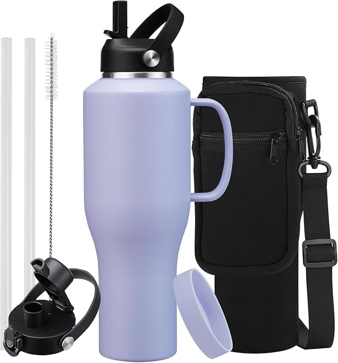 40 oz Tumbler with Handle, Insulated Water Bottle with Straw - Auto Spout Lid, Carrier Pouch, Purple Metal Thermal Hydro Travel Coffee Mug Flask for Car Cup Holder, Keep Cold 48H Hot 24H