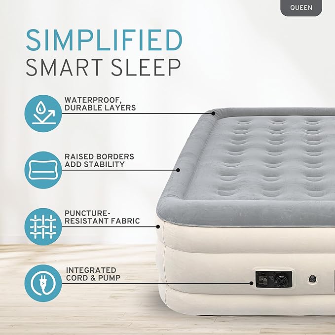 RestElevated Luxury Pillow Top Queen Size Air Mattress with Built in Pump | 20" Raised Height with Coil Beam Support | Adjustable Blow Up Air Bed | for Home, Guests and Camping [White with Grey Top]