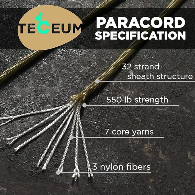 TECEUM 5/32" Paracord Rope 1000 – 1000ft / 200ft / 100ft / 50ft – Tactical Parachute Cord 4mm – 45+ Colors – Nylon String for Survival & Camping Gear – Stripe Cord for Survival – Utility Rope