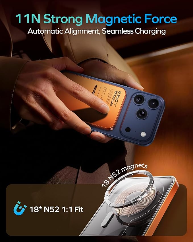 MOMAX Magnetic Wireless Power Bank 10000mAh, Ultra-Slim 0.5" MagSafe-Compatible Portable Charger, 20W USB-C PD Fast Charging, for iPhone 17/16/15/14/13/12 Series(Cosmic Orange)