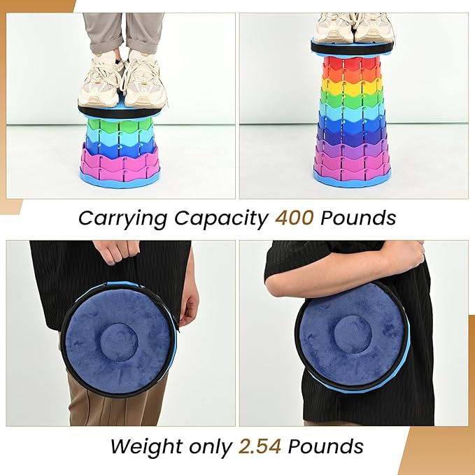 2 Pack Upgraded Collapsible Stool Folding Stool with Cushion,Retractable Folding Stool Max Load Capacity 400lbs, Portable Telescoping Stools for Camping Hiking Outdoor BBQ Fishing-Rainbow