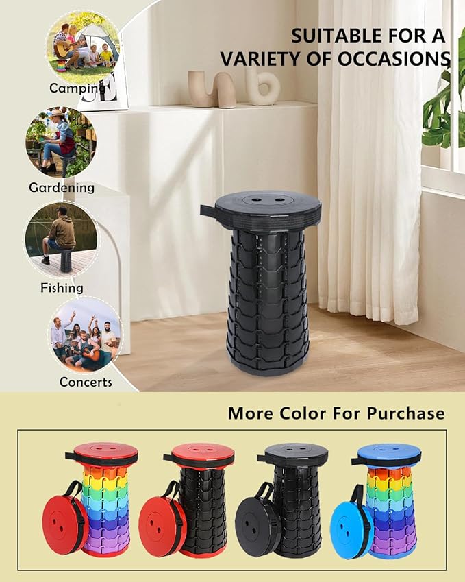 Upgraded Foldable Thickened Collapsible Stool, Portable Folding Seat, Adjustable Height Retractable, Suitable for Fishing, Hiking, Camping, BBQ, Party, Outdoor (Black)