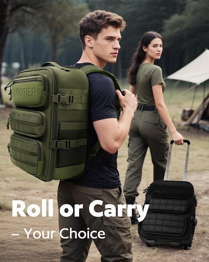 Rolling Tactical Laptop Backpack, Underseat Travel Backpack with Wheels, 16 Inch Wheeled Military Computer Backpack for Men and Women, Roller Overnight Molle Outdoor Hiking College Carry on Luggage