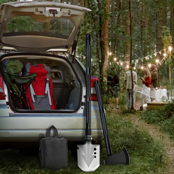 GOJAWAY 16 in 1 Multitool Survival kit, Camping Shovel Military Axe, 40" Foldable Spade with Portable Bag and Hatchet, for Car Emergency Offroad Entrenching Tool