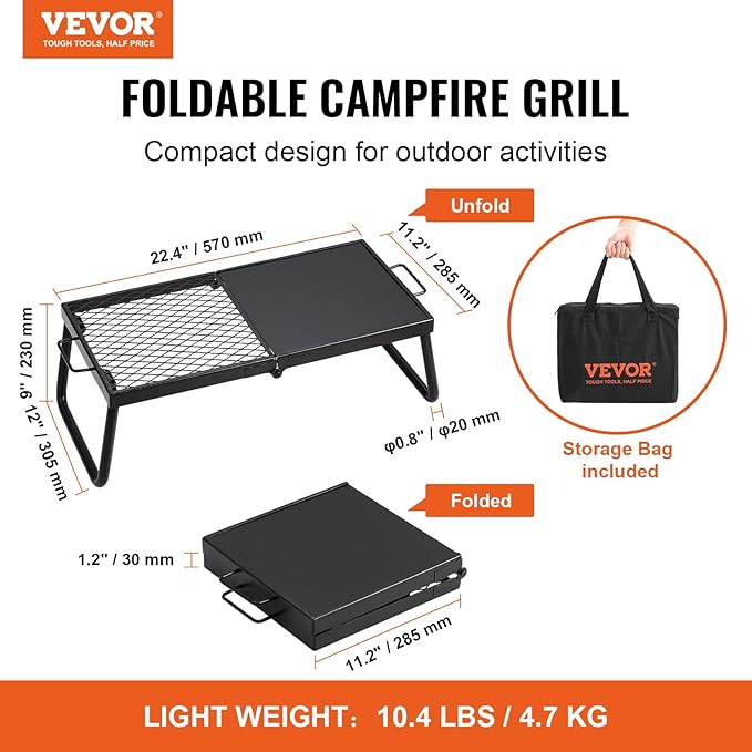 VEVOR Folding Campfire Grill, Heavy Duty Steel Mesh Grate, 22.4" Portable Camping Grates Over Fire Pit, Camp Fire Cooking Equipment with Legs Carrying Bag, Grilling Rack for Outdoor Open Flame Cooking