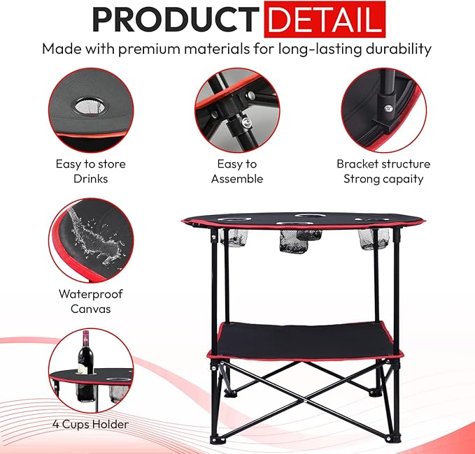 Folding Camping Table, 2-Tier Portable Table with Cup Holders, Carry Bag and Folding Cup, Small Camp Table for Tailgate, Picnic, BBQ, Beach, Fishing & Outdoor Use