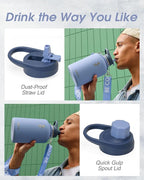 Coolflask 64 oz Water Bottle with Strap, Insulated Half Gallon Large Water Jug with Straw & Spout Lids, Stainless Steel Metal Flask, Keep Cold 48h Hot 24h, Leak Proof & Non-BPA, Dutch Blue