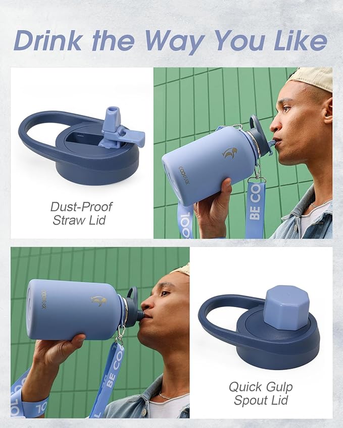 Coolflask 64 oz Water Bottle with Strap, Insulated Half Gallon Large Water Jug with Straw & Spout Lids, Stainless Steel Metal Flask, Keep Cold 48h Hot 24h, Leak Proof & Non-BPA, Dutch Blue