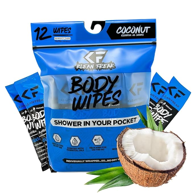 Body 12-Count Wipes - Original Disposable Wipes, Individually Wrapped for the Gym, Workout, Hiking, Travel, and Sport (Coconut)