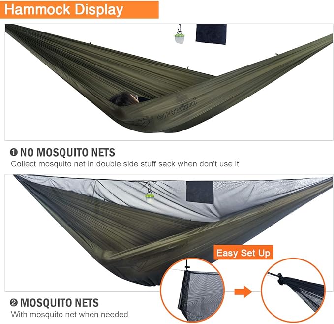 onewind 11ft Camping Hammock with Bugnet, Portable Double Hammock with Mosquito Net, Backpacking Hammock with Net Adjustable Ridgeline Tree Straps for Outdoor Hiking Backpacking, OD Green