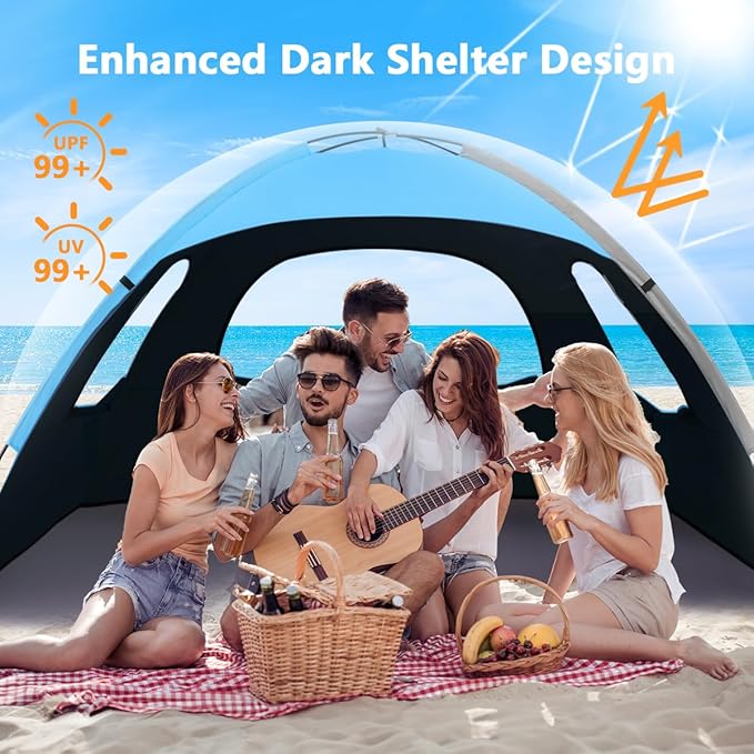 NXONE Beach Tent Sun Shade Shelter for 3/4/6 Person Person with UV Protection, Extended Floor, 3 Mesh Roll Up Windows & 8.0/8.5mm Fiberglass Rods丨Carry Bag Included