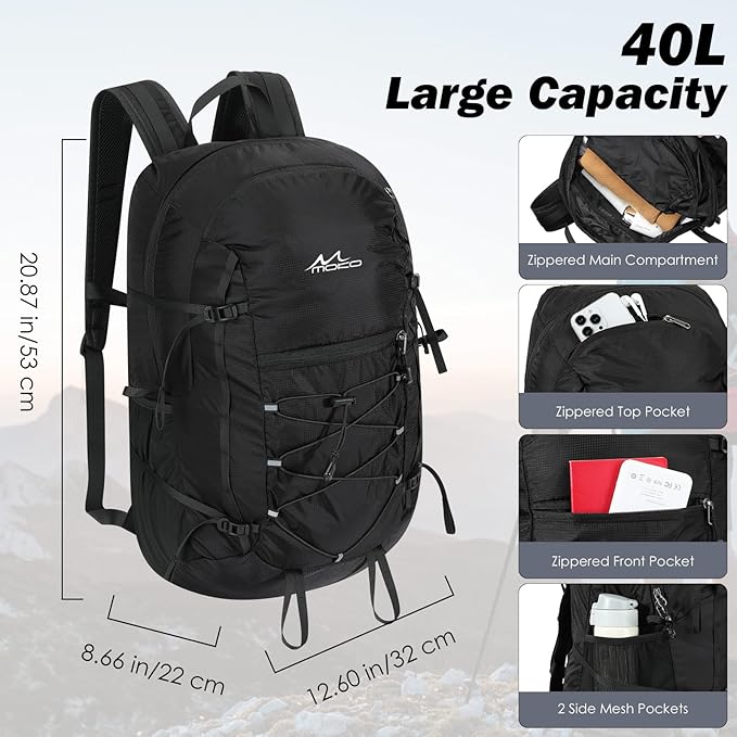 MoKo Hiking Backpack, 40L Large Capacity Camping Backpack with Multiple Pockets, Tear-Resistant Travel Daypack for Men Women, Packable and Lightweight Hiking Daypack for Travel Camping Outdoor, Black