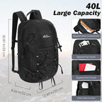 MoKo Hiking Backpack, 40L Large Capacity Camping Backpack with Multiple Pockets, Tear-Resistant Travel Daypack for Men Women, Packable and Lightweight Hiking Daypack for Travel Camping Outdoor, Black
