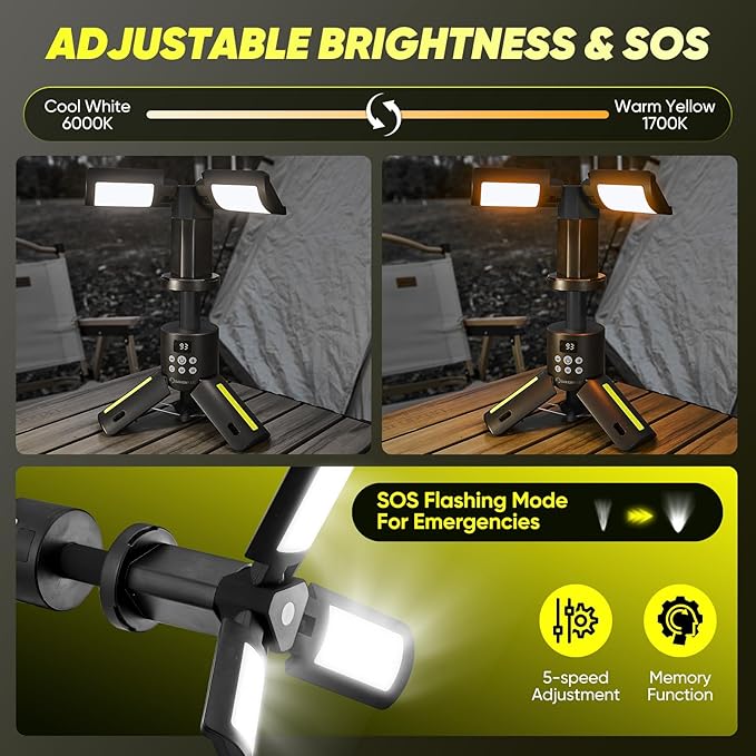 Portable Camping Lights with Stand, 5000LM Rechargeable LED Flashlight, 9 Color Modes, Collapsible Camping Lantern Tent Light with Magnetic Base for Power Outages, Camping & Emergency(Black)