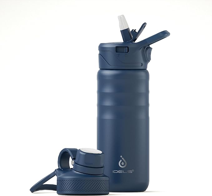 IDEUS Insulated Stainless Steel Water Bottle with 2 Leak-Proof Lids, Thermal Water Flask for Hiking Biking, 18oz, Navy Blue