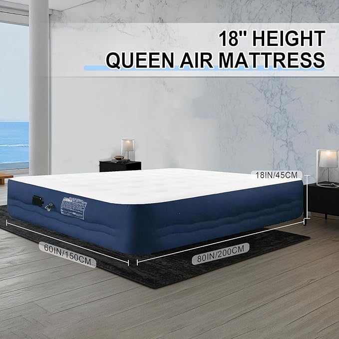 Queen Air Mattress wit with 1300mAh Battery Powered Pump,18"Raised Super soft and comfortable Dutch velvet fabric750lbs Support Portable Inflatable Mattress,Air Bed for Camping, Home and Guest-Blue