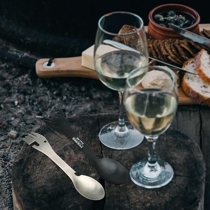 PSKOOK 5-in-1 Utility Tactical Spork, Stainless Steel Spoon & Bottle Opener, Fork & Knife, Can Opener Combo Camping Utensil for Hiking, Camping or Backpacking (Black)