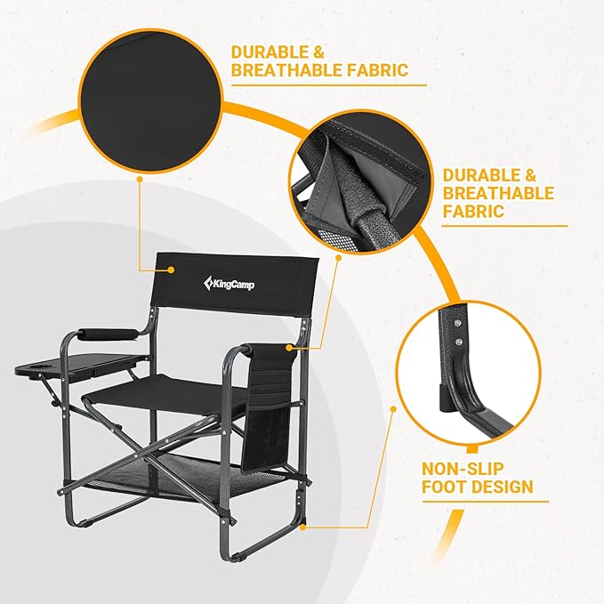 KingCamp XXL Oversized Directors Chair with Side Table, Heavy Duty Camping Chairs 600lbs with Cooler Bag, Portable Folding Camp Chair with Wide Seat for Camping Hiking Fishing Lawn Outdoor and Sports