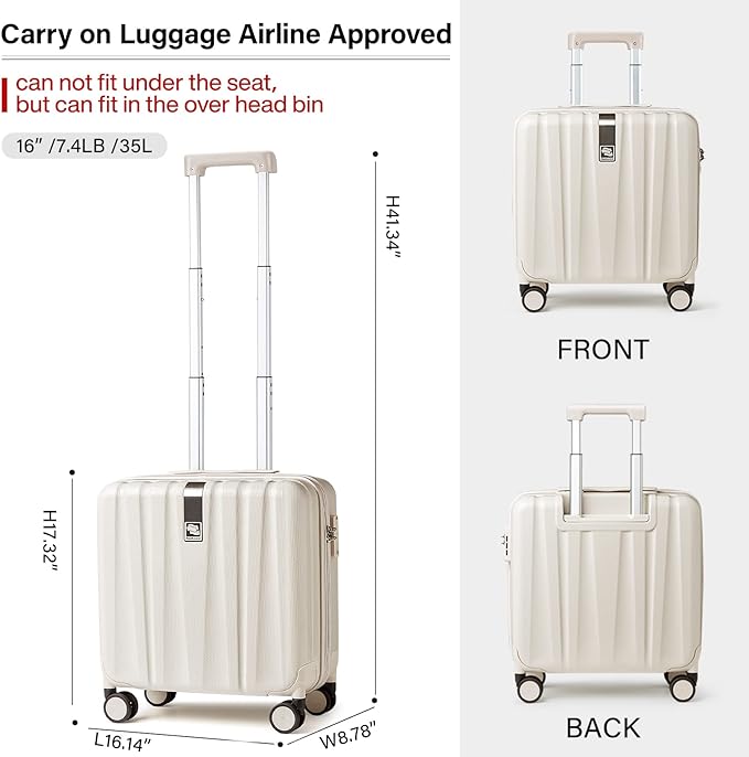 Hanke 16 Inch Underseat Carry on Luggage with Wheels Small Hard Shell Suitcases for Weekender,Travel Approved Lightweight Travel Luggage Suitcase for Womem Men,Christmas Gifts for Birthday-Ivory White