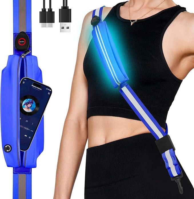 LED Reflective Belt Sash - 5 Lights Colors & 3 Light Modes High Visibility Night Safety Belt, Rechargeable Light Up Running Gear Adjustable Vest Straps for Runners Walkers Men Women