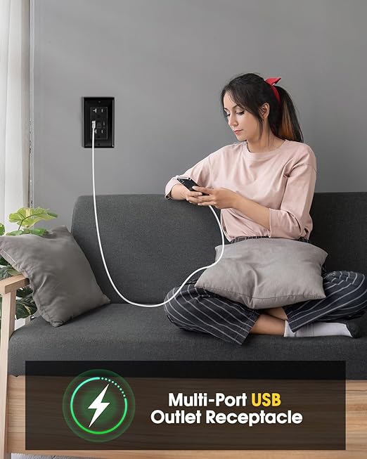 PD USB Outlet with Light,20W Power Delivery USB Receptacle with Night Light, 20A Tamper-Resistant Wall Outlet, Fast Charging Type A & USB-C Charger for Smartphones, Laptops, Tablets (10, Black)