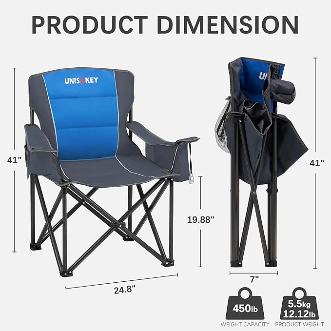Oversized Folding Camping Chair for Adults - 450lbs Support - Heavy Duty Portable Lawn Chairs with Side Pocket Cup Holder Cooler Bag for Sports Garden Beach Fishing, Blue 2 Pack