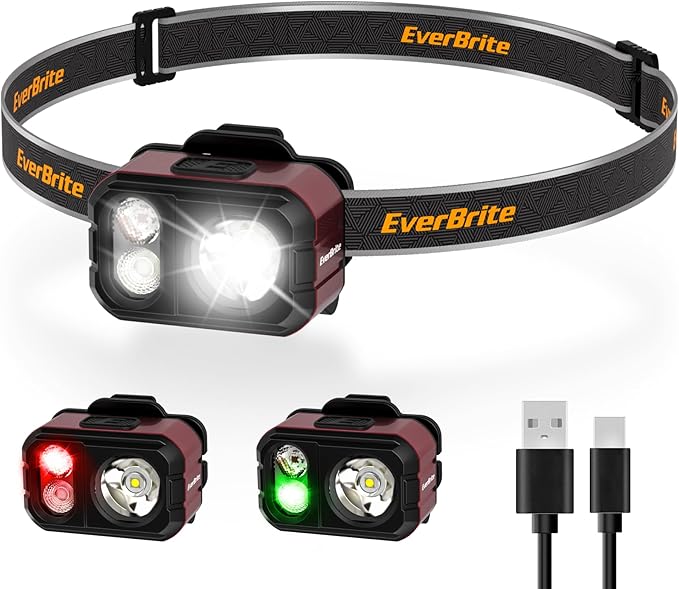 EverBrite Rechargeable LED Headlamp, Only 1.59 OZ Ultra-Light with Hat Clip, IP67 Waterproof, White/Red/Green Light, 7 Modes for Camping, Running and Backpacking-Purple