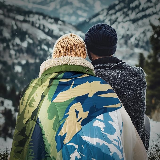 Outdoor Camping Blanket with Sherpa Lining, Extra Warm Thick Camp Blankets and Puffy Ultralight Soft Poncho DWR Camping Quilt for Cold Weather, Adventure, Sleeping, Backpacking 78"x 56"