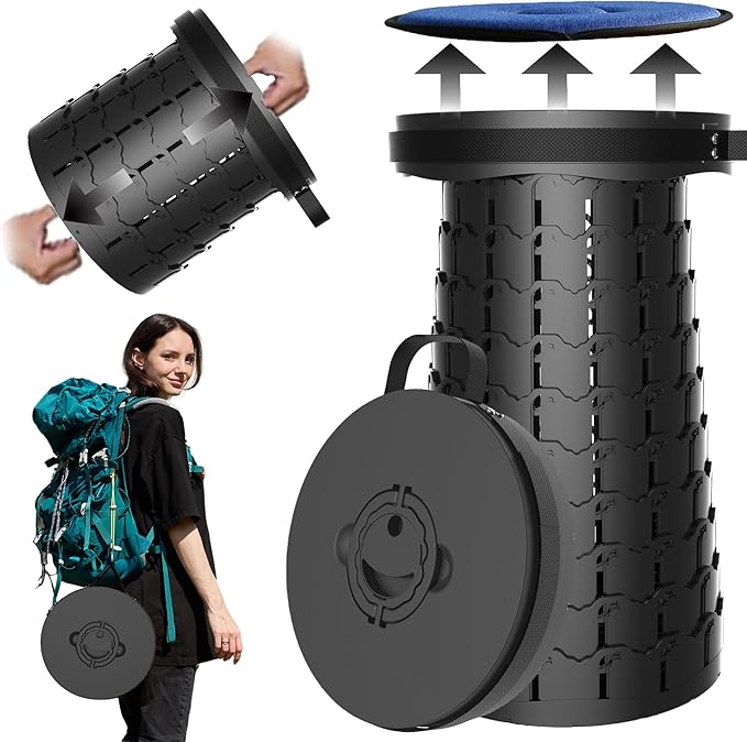 Upgraded XXL Collapsible Stool with Cushion,19.7"H-11.8"D Telescoping Folding Stool for Adults,More Sturdy Portable Camping Stools with Load Capacity 1000lbs for Outdoor,Garden,Fishing,Hiking