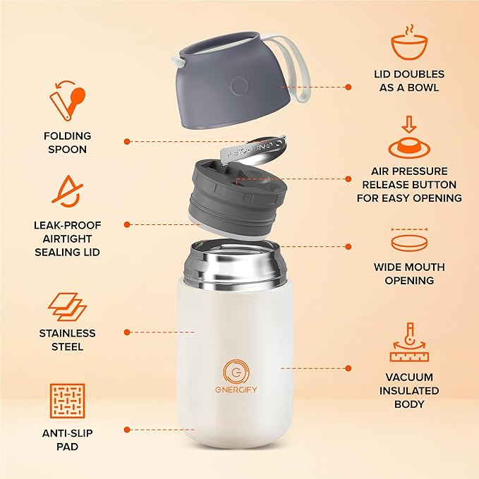 ENERGIFY Vacuum Insulated Food Jar. Large 24oz Bowl incl. Folding Spoon, Cup. Wide Mouth Keep Hot & Cold Drinks Soup Lunch Container for Adults. BPA-Free Stainless Steel, Leak Proof, Cream