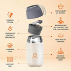 ENERGIFY Vacuum Insulated Food Jar. Large 24oz Bowl incl. Folding Spoon, Cup. Wide Mouth Keep Hot & Cold Drinks Soup Lunch Container for Adults. BPA-Free Stainless Steel, Leak Proof, Cream