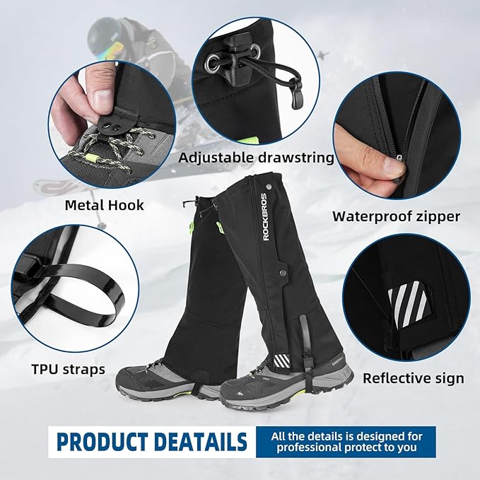 ROCKBROS Snow Boot Leg Gaiters for Hiking Waterproof Leg Gaiter for Skiing Walking Snow Boot Gaiters Tear Resistant Adjustable Gaiters