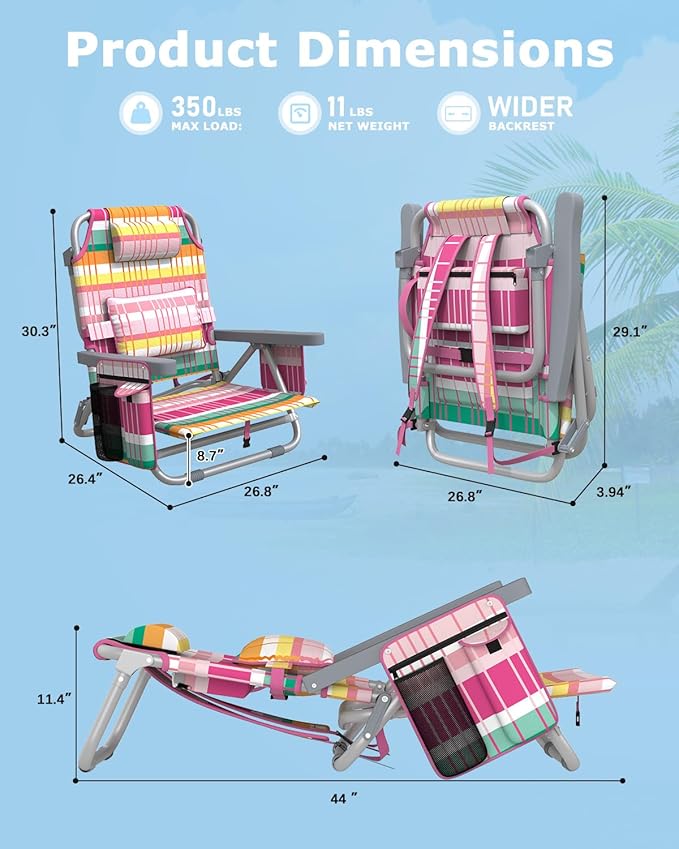 ZENPETIO Beach Chair, Camping Chair for Adults, Reclining Backpack Chair for Pool, Beach, Camping, Outdoors
