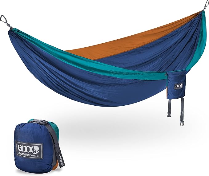 ENO DoubleNest Hammock - Lightweight, Portable, 1 to 2 Person Hammock - for Camping, Hiking, Backpacking, Travel, a Festival, or The Beach - Aqua/Sapphire/Amber