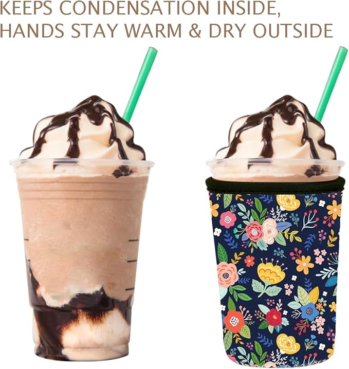 Reusable 3-Pack Iced Coffee Cup Sleeve, Insulated Neoprene, Beverage Holder for Iced Coffee, Durable Drink Sleeve for Cold Beverages, Lunar Garden