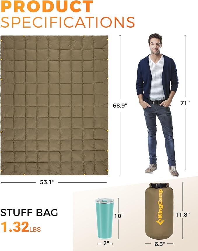 KingCamp Ultralight Camping Blanket, Packable Down Alternative Puffy Wearable Blankets Weatherproof Warm Package Quilt with Snap Buttons for Outdoor Hiking Travel Picnic Stadium (69" L x 53", Olive)