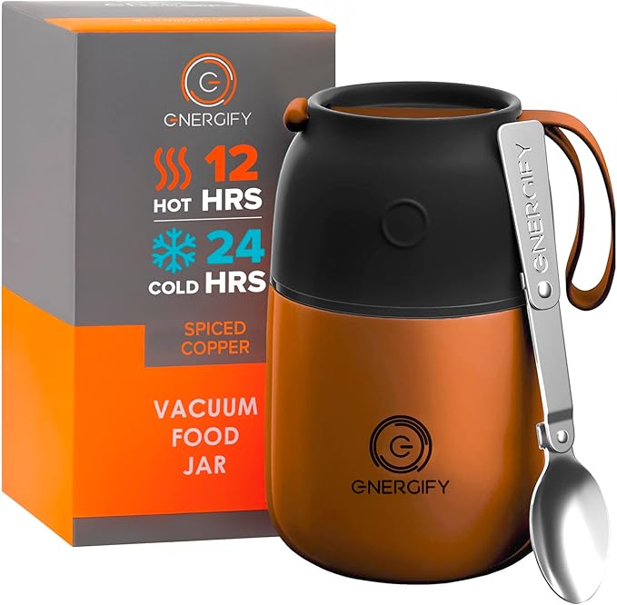 ENERGIFY Vacuum Insulated Food Jar. Large 17oz Bowl incl Folding Spoon, Cup. Wide Mouth Keep Hot & Cold Drinks Soup Lunch Container for Adults BPA-Free Stainless Steel, Leak Prooff Spiced copper