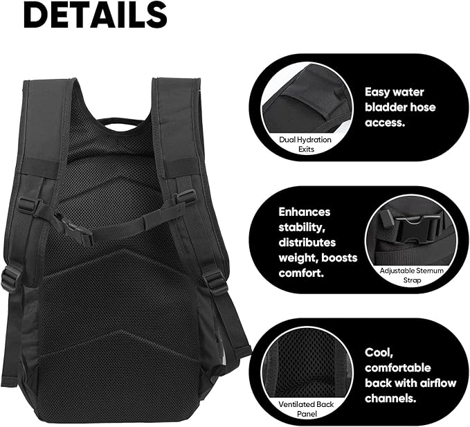 35L Tactical Backpack for Men, MOLLE Military Bug Out Bag, Waterproof Rucksack for Hiking with Hydration Port Black