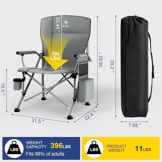 XL Heavy Duty Camping Chair 396lb Capacity (525lb Max) – Waterproof 1680D Oxford Fabric, 2" Padded Seat & Back, Cup Holder, Cooler Pocket, Portable for Camping, Beach & Tailgating (Solid Slate)