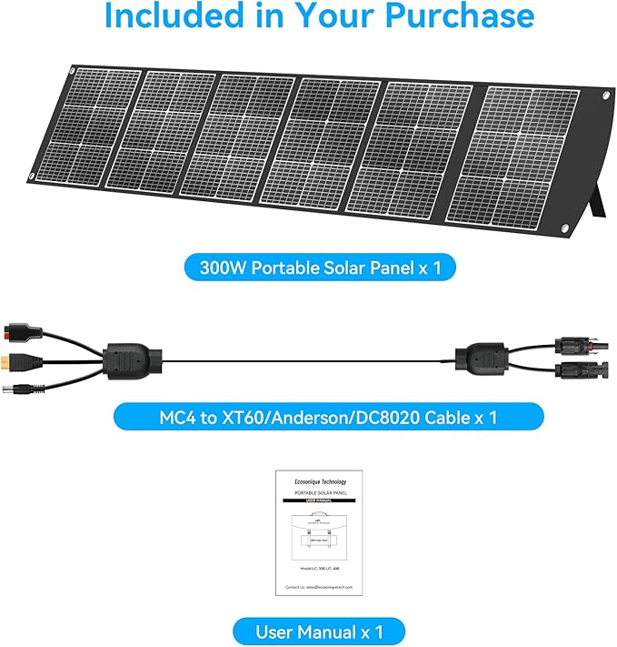 Ecosonique 300W Portable Solar Panel for Most Power Stations, Foldable & Lightweight Solar Suitcase with Kickstands, 40V MC4 & Multi-Output for Solar Generators, RVs, Camping, and Outdoor Use