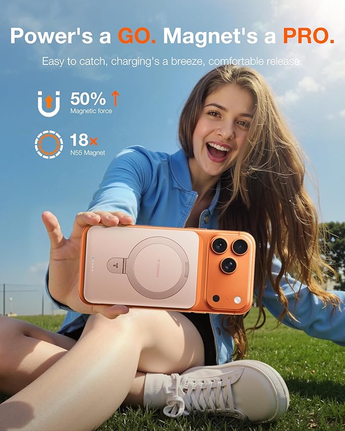 TORRAS EasyGo 10000mAh Magnetic Portable Charger Power Bank for iPhone, Fast Charging Travel Essential Wireless Battery Pack with Stand Compatible with Magsafe,17 Pro Max,Pro,16,15,14,13,12, Rose Gold