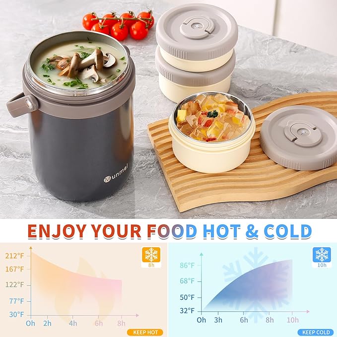 Adults Lunch Vacuum Soup Thermo For Hot Food with Inserts Stackable Bento Box Storage Container,Width Mouth Stainless Steel Portable Insulated Food Jar (grey, 74 oz)