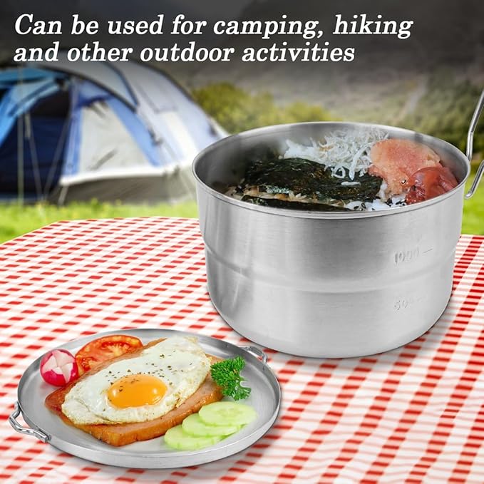 DOERDO Stainless Steel Camping Cook Pot with Lid and Folding Handle, 1.5L Camping Cookware Large Capacity Bento Pot for Outdoor Hiking Picnic