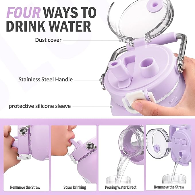 BLUEGO 84oz Water Bottle Glass with Stainless Steel Handle Large 2.5l Water Bottle with Time Markers and Silicone Sleeve Half Gallon Water Jug BPA Free for Gym Daily Use, Purple