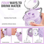 BLUEGO 84oz Water Bottle Glass with Stainless Steel Handle Large 2.5l Water Bottle with Time Markers and Silicone Sleeve Half Gallon Water Jug BPA Free for Gym Daily Use, Purple