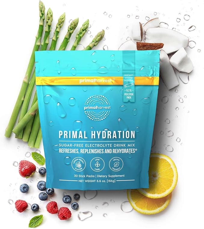 Primal Harvest Electrolytes Powder Packets Primal Hydration, Easy Open Packets, Energy Drink Mix (Lemon Berry, 30 Packs) (1 Bag)