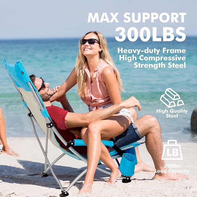 AKSOUL Folding Beach Chair for Adults: Low/High Back Chairs with Carry Bag - Extra Wide Seat Chair with Comfortable Pillow & Storage Pocket (1 Pack & 2 Pack, Blue)