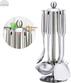Kitchen Utensil Set – 6 Piece Stainless Steel Cooking Utensils with Rotating Holder Organizer Includes Slotted Spoon, Slotted Spatula, Large Spoon, Soup Ladle, Spatula, Pasta Server Silver/7PCS