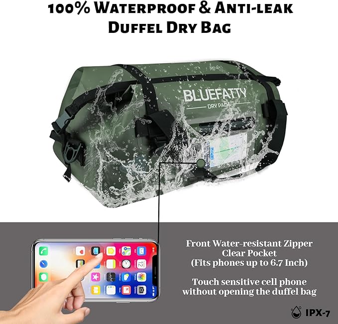 Waterproof Motorcycle Duffel Bag Roll Top Dry Duffel Bag with Quick-fixed Straps for Rafting, Boating, Kayaking, Travel, 50L(Army Green)