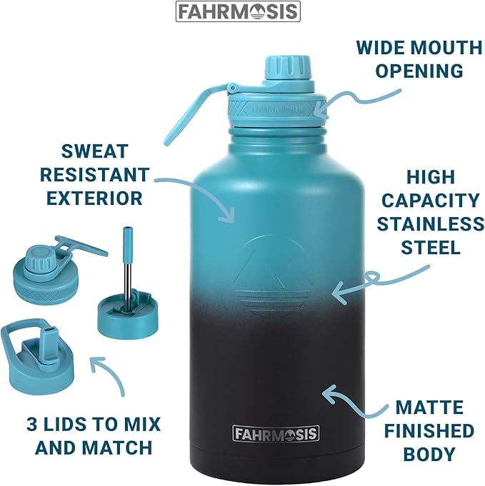 64 Oz Water Bottle with Straw Stainless Steel Sports Water Bottle with 3 Lids (Straw, Chug and Flip Lid) Leak Proof Metal Half Gallon Jug for Men & Women - Indigo Green